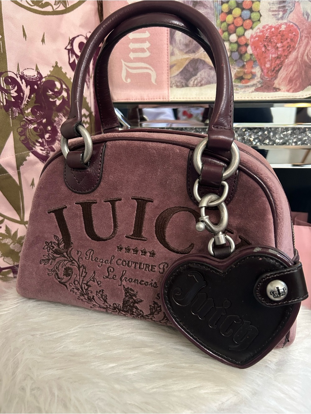 Y2K Vintage 2009 Juicy Couture Purple Velour Bowler Bag Regal Couture Party - Picture 3 of 16